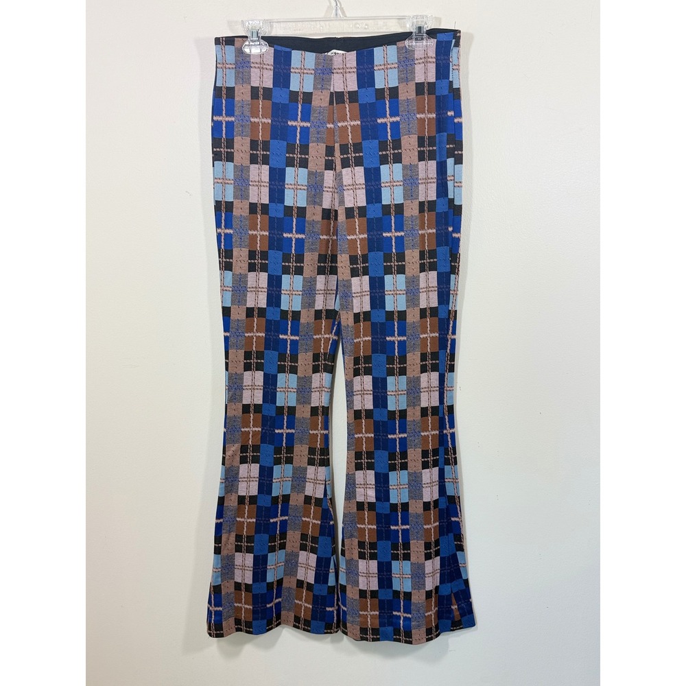 Koton Flare Pants Women 12-14 Blue Brown Plaid Stretch Velma Core Retro Y2K 70s